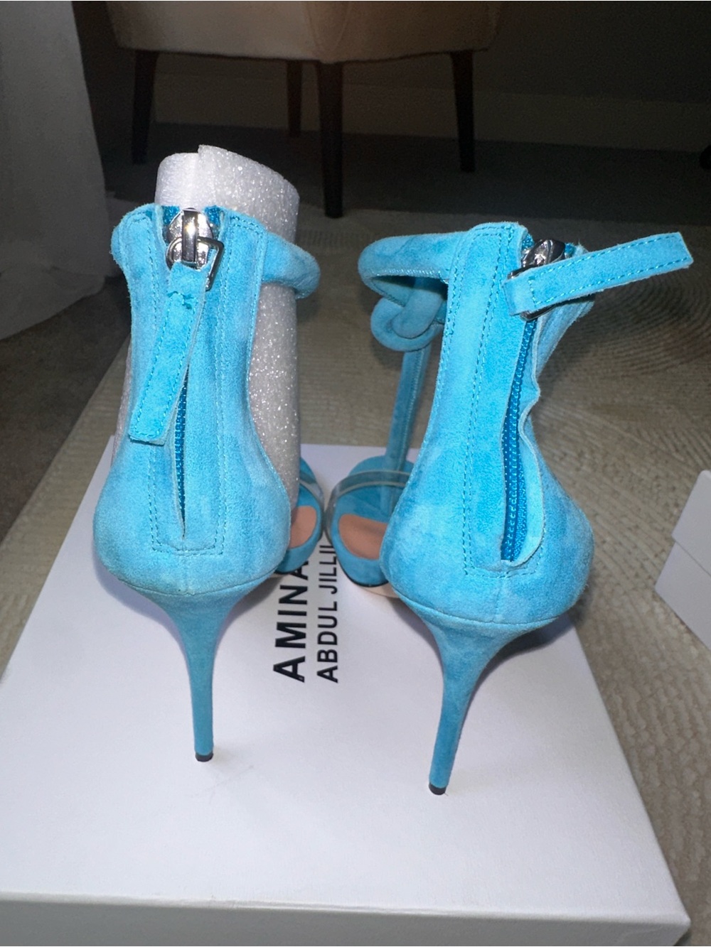 Blue Suede Knot Ankle Rope Strap Heels - AMINAH ABDULLJILIL - Picture 4 of 5